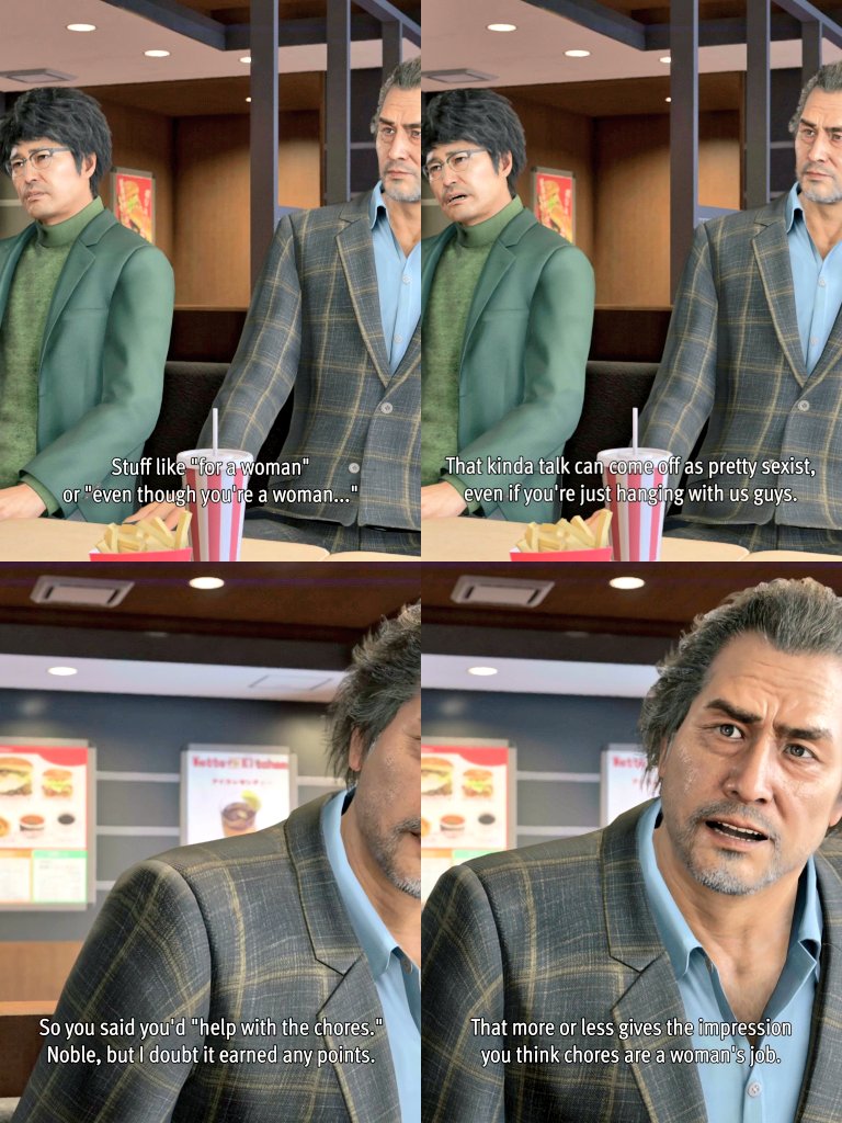 terracottahart's tweet image. Suddenly think about the time Nanba and Adachi lectured Ichiban on sexism at a fucking McDonald's. So bizarre