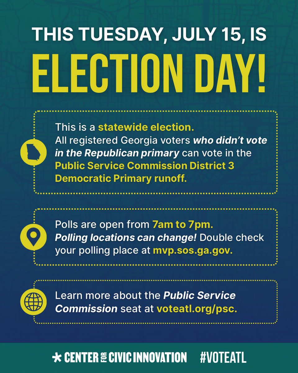 civicatlanta's tweet image. Election Day is TODAY!
All GA voters who didn’t vote in the Republican primary can cast a ballot in the PSC District 3 Democratic Primary Runoff.
🕖 Polls open 7am–7pm
📍 Find your polling place: mvp.sos.ga.gov
ℹ️ Learn more at voteatl.org/psc