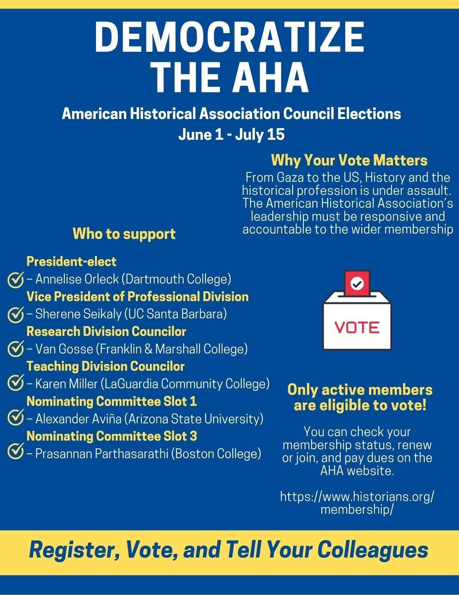 hist4palestine's tweet image. Today is the last day to vote. Every vote counts. Please vote for these brilliant candidates who will make AHA more representative of its member.