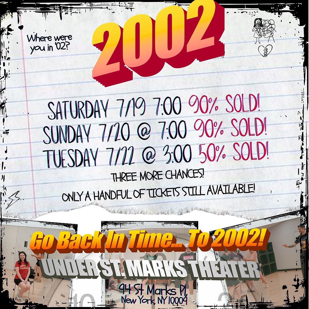 Only a handful of tickets remain to 2002, an all-new comedy by Puffs playwright <a href="/MatthewTheCox/">Matt Cox</a> ! Tix here: tickets.frigid.nyc/event/6897:120…