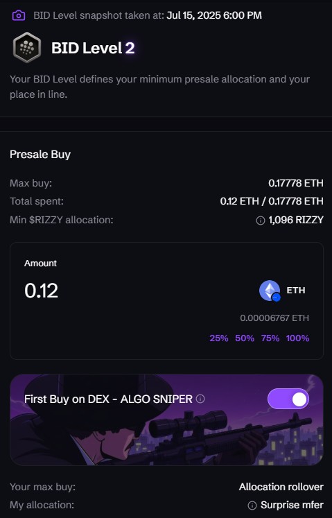 noxxxwill's tweet image. The first V2 launch - $RIZZY
creator.bid/agents/6870d79…

How to participate:

1️⃣ Vote for the agent. Timer: 24 hours.
The agent needs 1,000,000 BID votes to qualify as a curated launch.
Once it hits the required votes, a 24-hour launch countdown starts.

2️⃣ Minimum BID Level before…