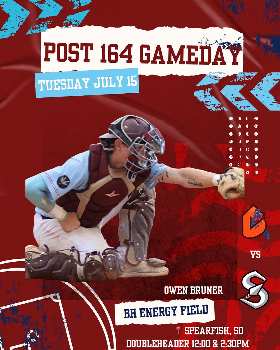 Post 164 Senior Legion Gameday! Only a few home games left, so come out and support our boys tonight!!

🆚: Casper Post 2 Oilers 
📍: Spearfish SD
🏟️: Black Hills Power Sports Complex
🕰️: Noon &amp; 2:30pm
📺: Black Hills Gold Hits-KDSJ 
youtube.com/@KDSJ-TV/strea…
🔗: <a href="/GetGameChanger/">GameChanger</a>