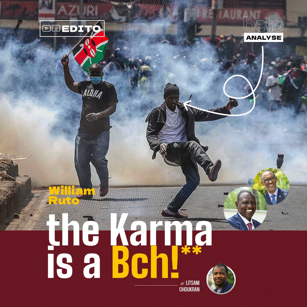 EDITO/ William Ruto, Karma is a Bch!**

Il fut un temps, pas si lointain, où les Congolais rêvaient sincèrement de fraternité avec le peuple kényan. C’est à Nairobi que Mbilia Bel, icône vivante de la rumba, composa l’un de ses plus grands succès. C’est aussi là, dans cette même