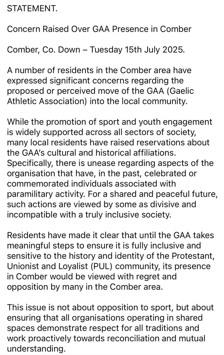 An Orange Lodge, which bans members from Catholic funerals, opposes the introduction of the GAA in Comber for lack of ‘inclusion’. Incredible.