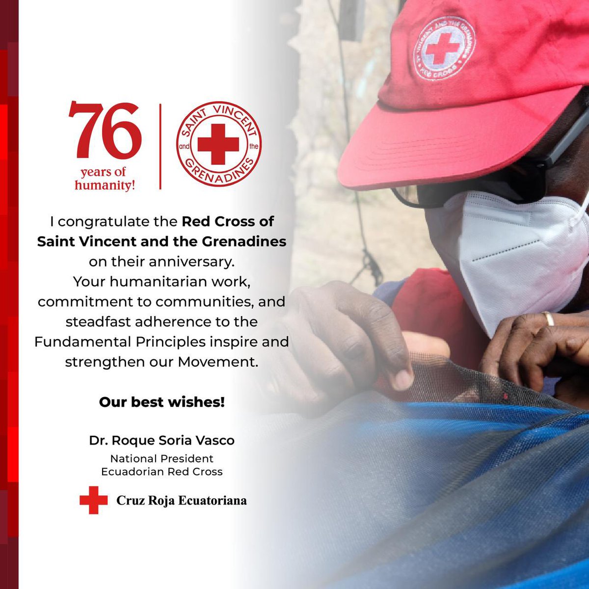 Mi reconocimiento a Cruz Roja San Vicente y las Granadinas en su aniversario. 

Su labor refleja los Principios Fundamentales en acción.⛑️🤝
#RedHumanitaria