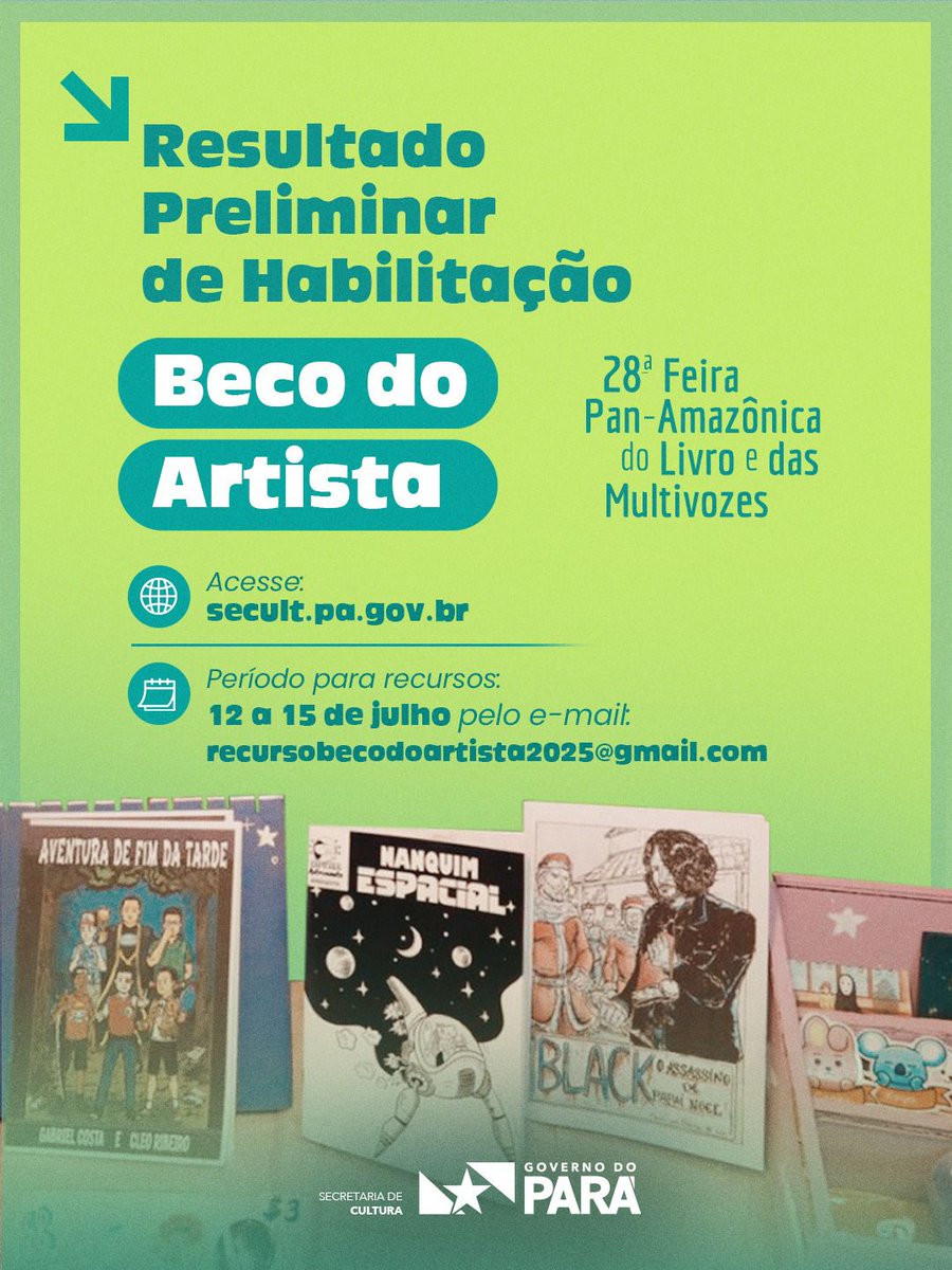 Secretaria de Cultura do Pará (@secultpara) on Twitter photo Já está disponível o resultado preliminar de habilitação do chamamento público Beco do Artista. Acesse o site da Secult (secult.pa.gov.br) e confira.
O período para recurso será de 12 a 15 de julho pelo e-mail: recursobecodoartista2025@gmail.com. Já está disponível o resultado preliminar de habilitação do chamamento público Beco do Artista. Acesse o site da Secult (secult.pa.gov.br) e confira.
O período para recurso será de 12 a 15 de julho pelo e-mail: recursobecodoartista2025@gmail.com.