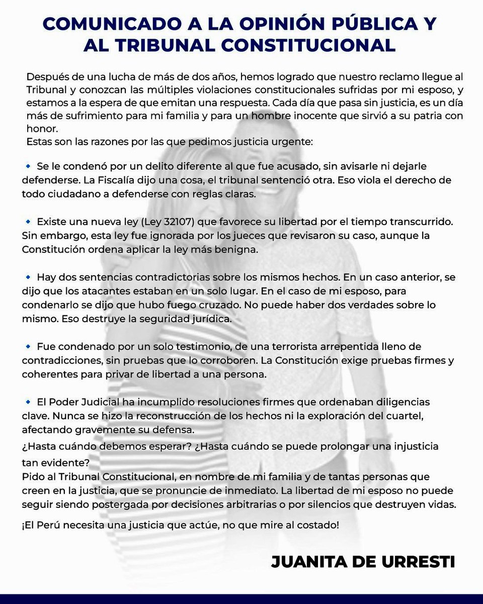 Cuánto más debemos resistir?
Han pasado más de dos años de lucha incansable, de dolor y de silencio institucional. Hoy, por fin, el Tribunal Constitucional tiene en sus manos la verdad y la injusticia que hemos denunciado.
Mi esposo fue condenado sin pruebas, sin derecho a