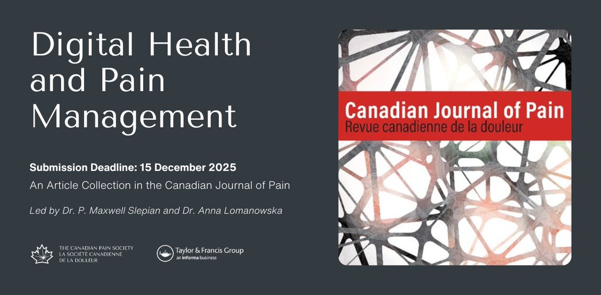 Canadian Pain Society (@canadianpain) on Twitter photo Submit a manuscript to the Canadian Journal of Pain for an article collection on Digital Health and Pain Management.
Submit by 15 December 2025
🔗 f.mtr.cool/sqbrmhuevn
More details and access to your member discount at 🔗 canadianpainsociety.ca/canadianjournal
<a href="/tandfonline/">Taylor & Francis Research Insights</a> Submit a manuscript to the Canadian Journal of Pain for an article collection on Digital Health and Pain Management.
Submit by 15 December 2025
🔗 f.mtr.cool/sqbrmhuevn
More details and access to your member discount at 🔗 canadianpainsociety.ca/canadianjournal
<a href="/tandfonline/">Taylor & Francis Research Insights</a>