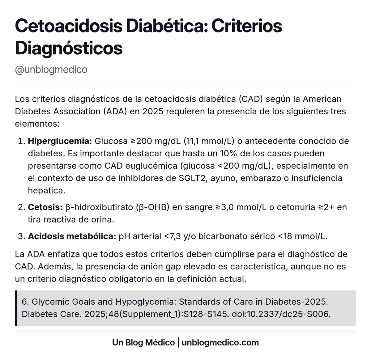 🏥 | Criterios diagnósticos de Cetoacidosis Diabética:

El repaso completo basado en las últimas guías de la ADA (incluye 4 flashcards: fisiopatología, presentación clínica, criterios diagnósticos y manejo) está en nuestra comunidad, dale un vistazo en el link de nuestra bio.