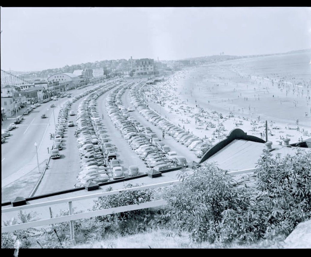 A crowded Nantasket Beach parking area 1940-49. (BPL photo)