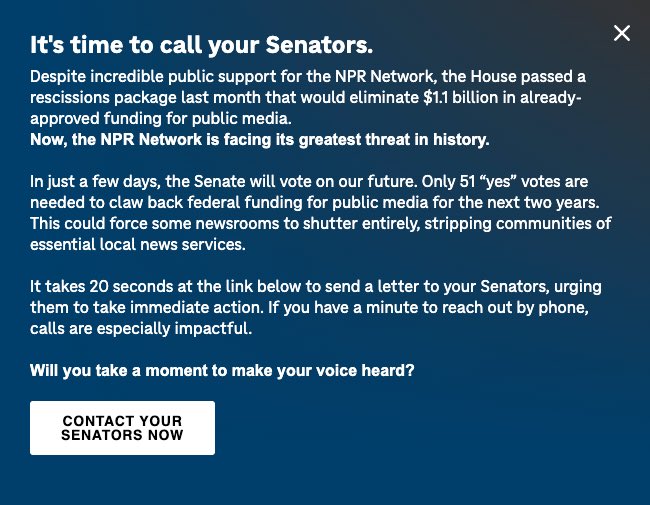 Tomorrow, the Senate is voting to end all taxpayer funding for NPR.

They're running this message on their website today.

They're terrified.

Good. They should be.