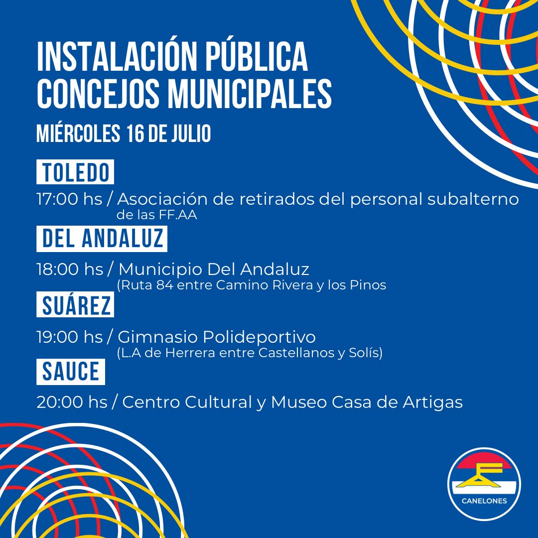 🔴🔵⚪️ Instalación pública de los Concejos Municipales.

Estaremos acompañando a los compañeros y compañeras que asumen como Concejales y Alcaldes/as

🗓️ Martes 15 y Miércoles 16 de julio