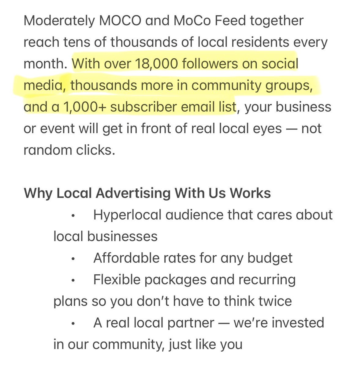 ModeratelyMoco's tweet image. Reach Local. Grow Local.
Promote your business where it matters. Affordable ads, real local people, flexible plans.