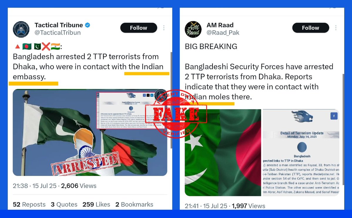 3656
ANALYSIS: Fake

FACT: Pakistan-based propaganda accounts are spreading false and misleading claims that Bangladeshi authorities arrested two TTP terrorists in Dhaka who were allegedly in contact with the Indian embassy. These allegations are baseless and fabricated. (1/3)