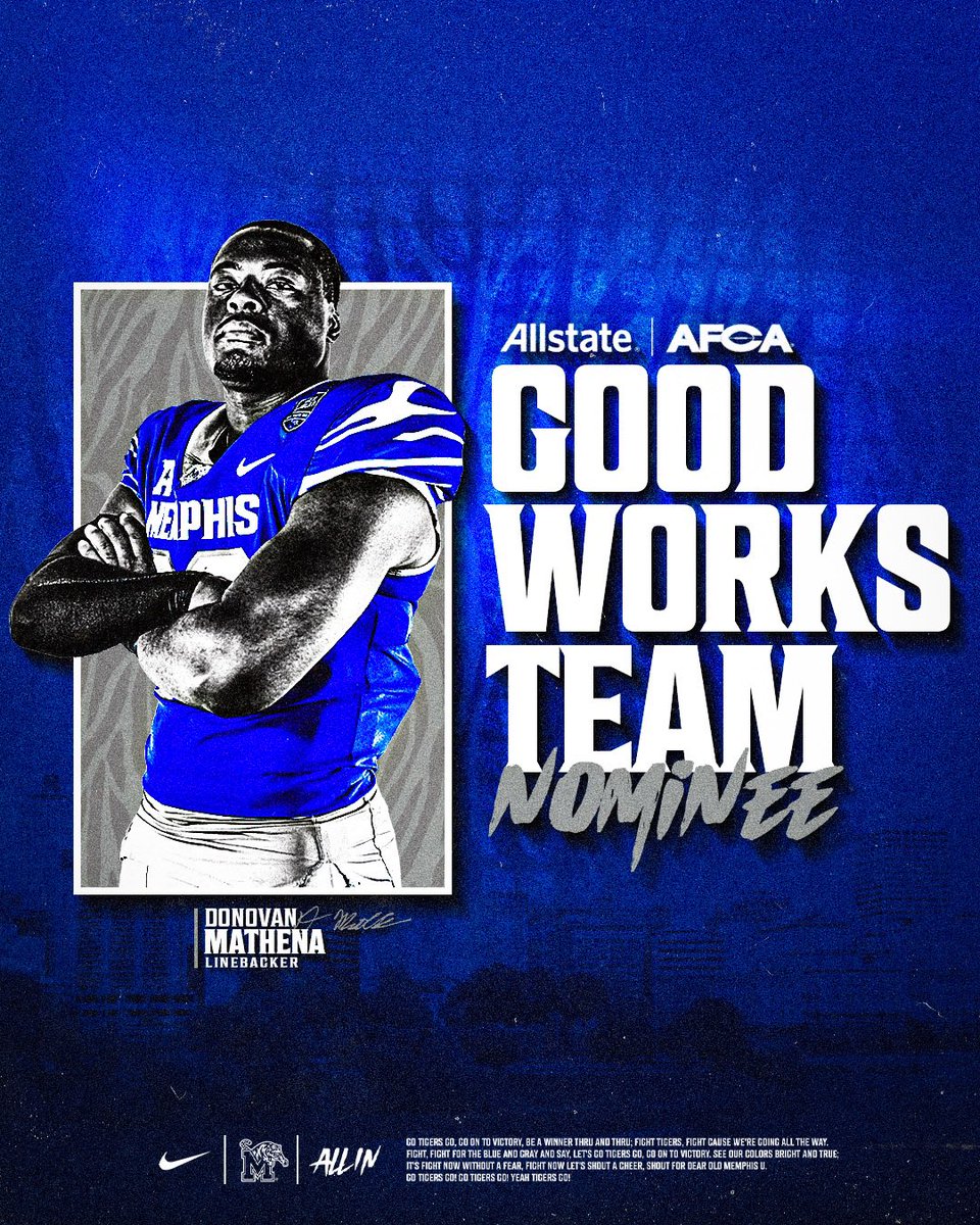 Impacting beyond the game 💪

<a href="/donovanmathena/">Donovan Mathena</a> has been nominated to the 2025 <a href="/Allstate/">Allstate</a> <a href="/WeAreAFCA/">AFCA</a> Good Works Team! 👏

#ALLIN | #GoTigersGo

📰 gotigersgo.me/4nWllK6