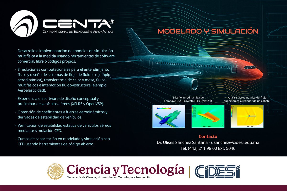 🛩️ Modelado y Simulación en CENTA – CIDESI
• Simulación multifísica a medida
• CFD para aerodinámica, calor y estabilidad
• Diseño preliminar de vehículos aéreos
• Cursos con herramientas abiertas
📩usanchez@cidesi.edu.mx
📞 (442) 211 9800 ext. 5046
#CENTA #Simulación