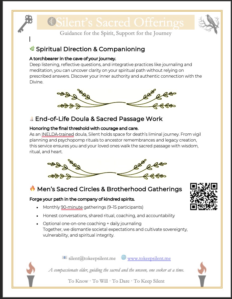 I provide Spiritual Direction, host Men's groups, and end-of-life counseling.