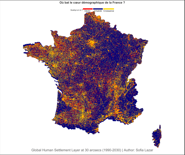 LAZARSofia1's tweet photo. 🇫🇷 Où bat le cœur démographique de la France ?
Déclin 🟥, croissance 🟨, vide 🟦.
Un regard pixelisé sur 40 ans d’évolution humaine (1990–2030) 📊
#GHSL #DataViz #France #Cartographie #Urbanisation #Rstats #Europe https://t.co/Mrcrp5wEdB