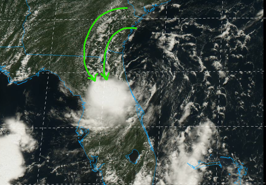 OSUWXGUY's tweet image. Lots of strong mid July sun heating the inflow into the convective band in the SW quadrant of 93L and providing some additional CAPE