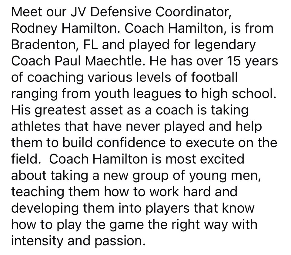 Meet JV defensive coordinator Coach Hamilton! #WeAreSarasota