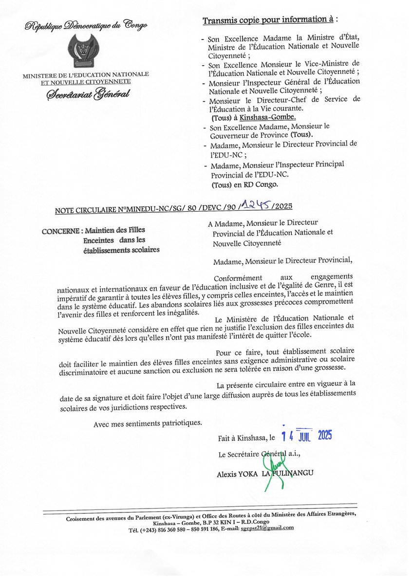 Forum des Femmes Citoyennes et Engagées GDD (@forumgdd) on Twitter photo 🚨#IGNITE🇨🇩: Ns saluons avec force la circulaire NoMINEDUC-NC.SG/80/DEVC/90/124… du 14 /07/2025 relative au maintien des élèves filles enceintes dans les établissement scolaires. Cette décision est une avancée majeure pour les droits des filles à l'éducation
<a href="/AFD_France/">Agence Française de #Développement (AFD) 🇫🇷 🇪🇺</a> <a href="/MinisterEDU_NC/">Ministère de l'Education Nationale-NC</a> 🚨#IGNITE🇨🇩: Ns saluons avec force la circulaire NoMINEDUC-NC.SG/80/DEVC/90/124… du 14 /07/2025 relative au maintien des élèves filles enceintes dans les établissement scolaires. Cette décision est une avancée majeure pour les droits des filles à l'éducation
<a href="/AFD_France/">Agence Française de #Développement (AFD) 🇫🇷 🇪🇺</a> <a href="/MinisterEDU_NC/">Ministère de l'Education Nationale-NC</a>