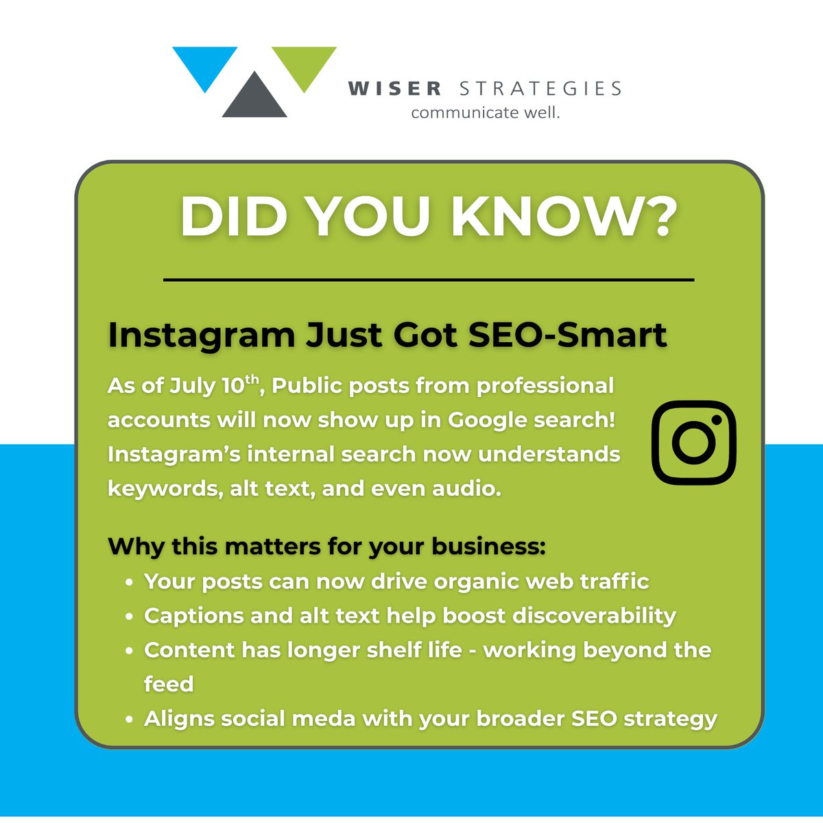 WiserStrategies's tweet photo. Social media is not just social anymore. With Instagram now boosting SEO, visibility goes far beyond the feed.

We help brands keep up and stand out! https://t.co/QtpnD9BTYx