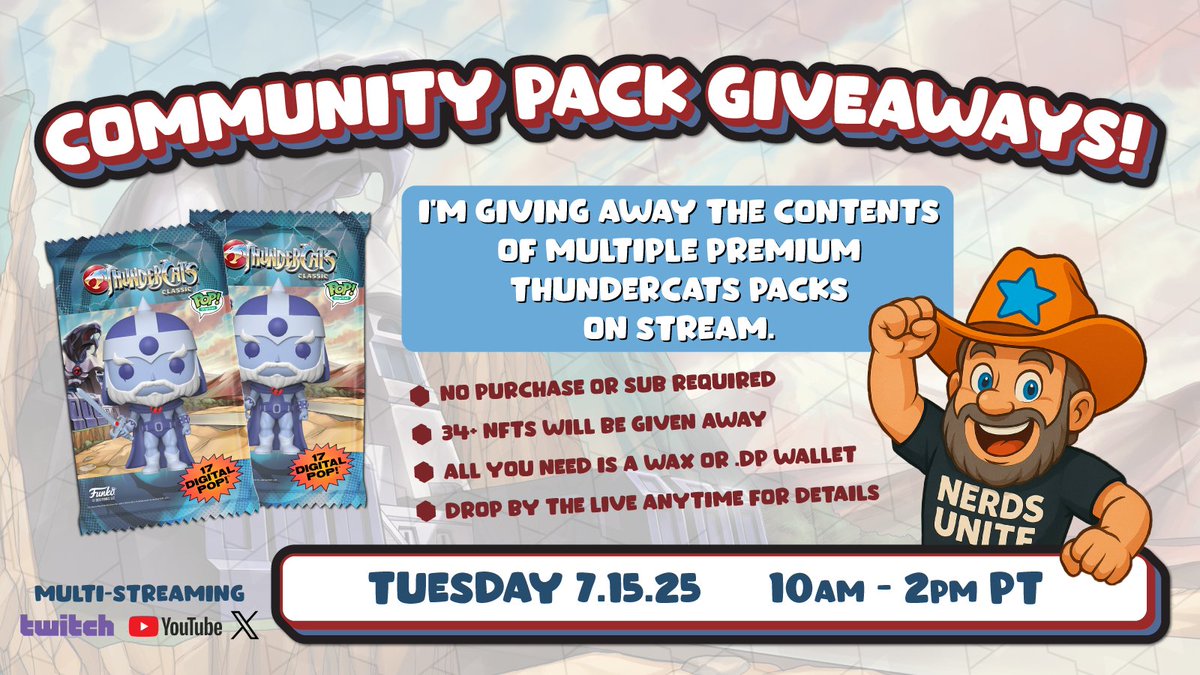 CSSully's tweet image. Starting at 10am PT : watch my LIVE stream for a chance to WIN.
I'll be giving away the contents of multiple PREMIUM ThunderCats Digital Pop! packs, thanks to @Dropppio!

Come by for a chance to win and everyone gets a FREE Nerds Unite NFT!!