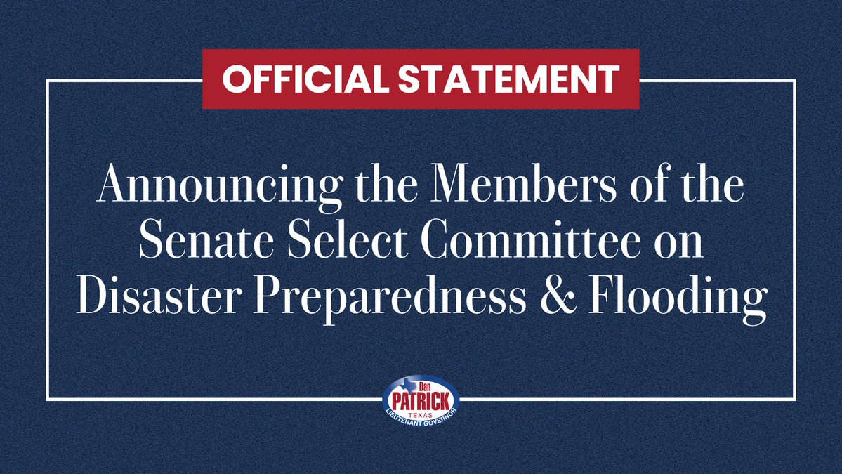 DanPatrick's tweet image. Yesterday, I announced the senators who will serve on the Senate Select Committee on Disaster Preparedness and Flooding.
The first hearing will take place at the Capitol in Austin on July 23. The second hearing will take place the following week in Kerrville on July 31, to give…
