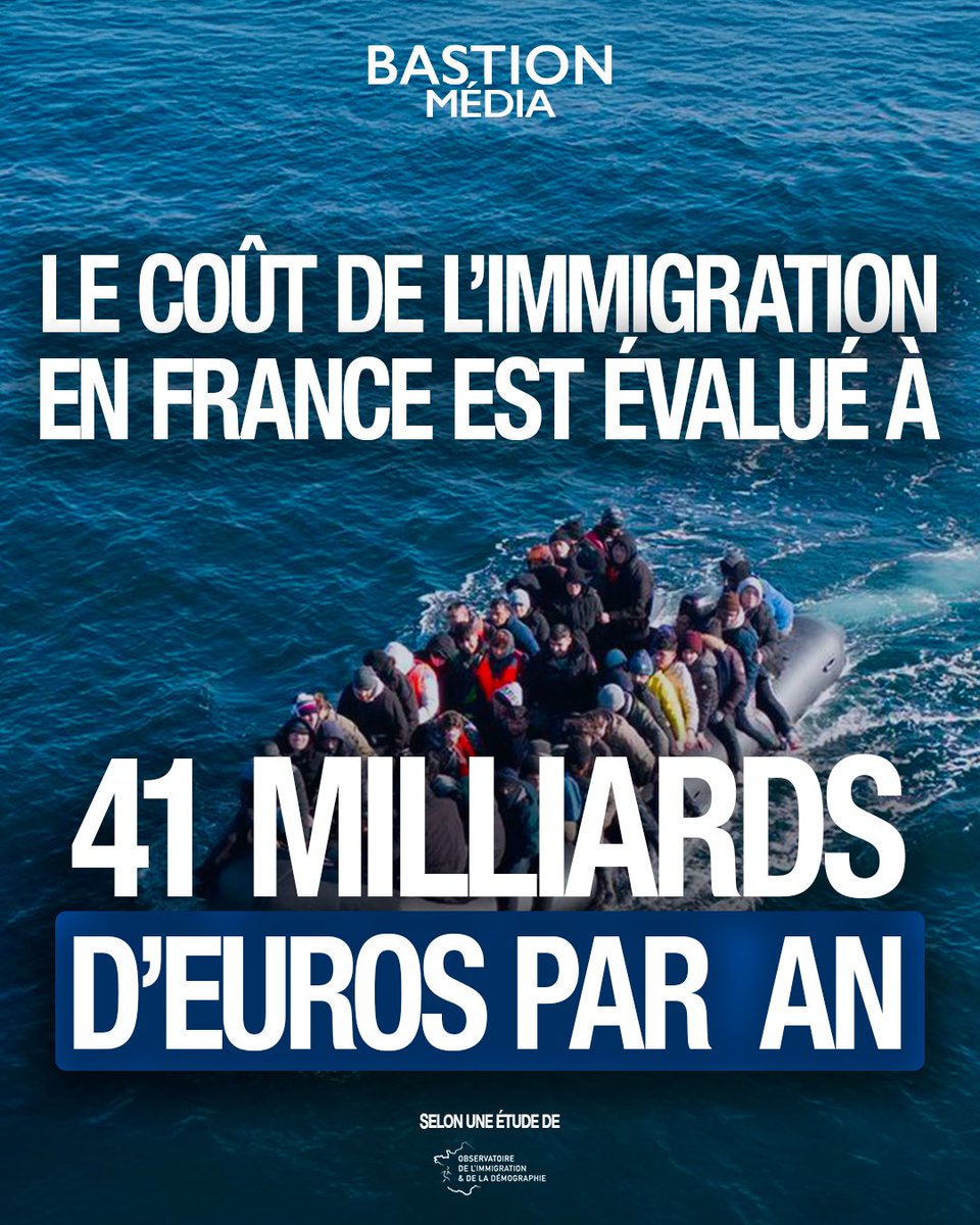 🚨🇫🇷 𝗔𝗟𝗘𝗥𝗧𝗘 𝗜𝗡𝗙𝗢 — Selon une étude de <a href="/ObservatoireID/">Observatoire de l'immigration et de la démographie</a>, le coût total net de l’immigration en France s’élèverait à 41 MILLIARDS D’EUROS PAR AN.

À titre de comparaison, la SUPPRESSION de deux jours fériés rapporterait seulement 2 MILLIARDS d’euros, selon <a href="/Antonin_FR_/">Antonin Ferreira Roche</a>.