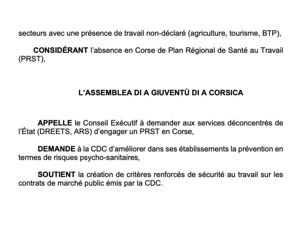 MOTION - ACCIDENTS DU TRAVAIL EN CORSE

La Corse est l'une des pires régions en termes de morts au travail annuel.

Ces chiffres ne comptent pas les morts de travailleur.euses non-déclaré.e.s, sur le trajet de leur travail, ou chez elles/eux des conséquences de leur travail.
