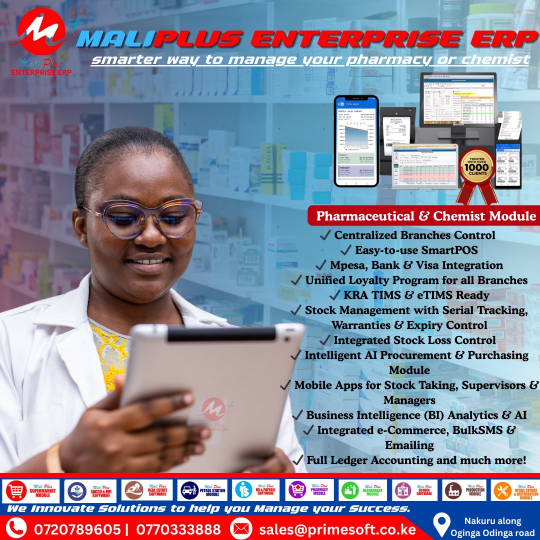 MaliPlusERP's tweet image. Smarter control. Greater efficiency.
 Maliplus ERP for pharmacies offers centralized control, SmartPOS, KRA compliance, AI purchasing, and more.
Run your chemist with confidence.

#PrimesoftSolutions