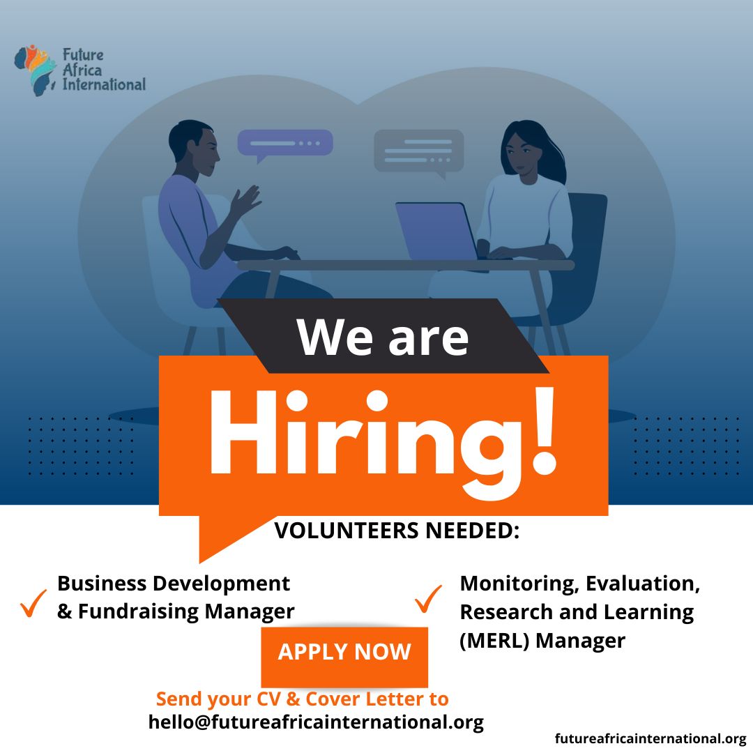 Future Africa International- FAI (@futureafricafa) on Twitter photo We are hiring:
Business Development & Fundraising Manager
futureafricainternational.org/business-develā¦
Monitoring, Evaluation, Research and Learning (MERL) Manager
futureafricainternational.org/monitoring-evaā¦
Send your CV & Cover Letter to the email address below by 29th July, 2025
hello@futureafricainternational.org We are hiring:
Business Development & Fundraising Manager
futureafricainternational.org/business-develā¦
Monitoring, Evaluation, Research and Learning (MERL) Manager
futureafricainternational.org/monitoring-evaā¦
Send your CV & Cover Letter to the email address below by 29th July, 2025
hello@futureafricainternational.org