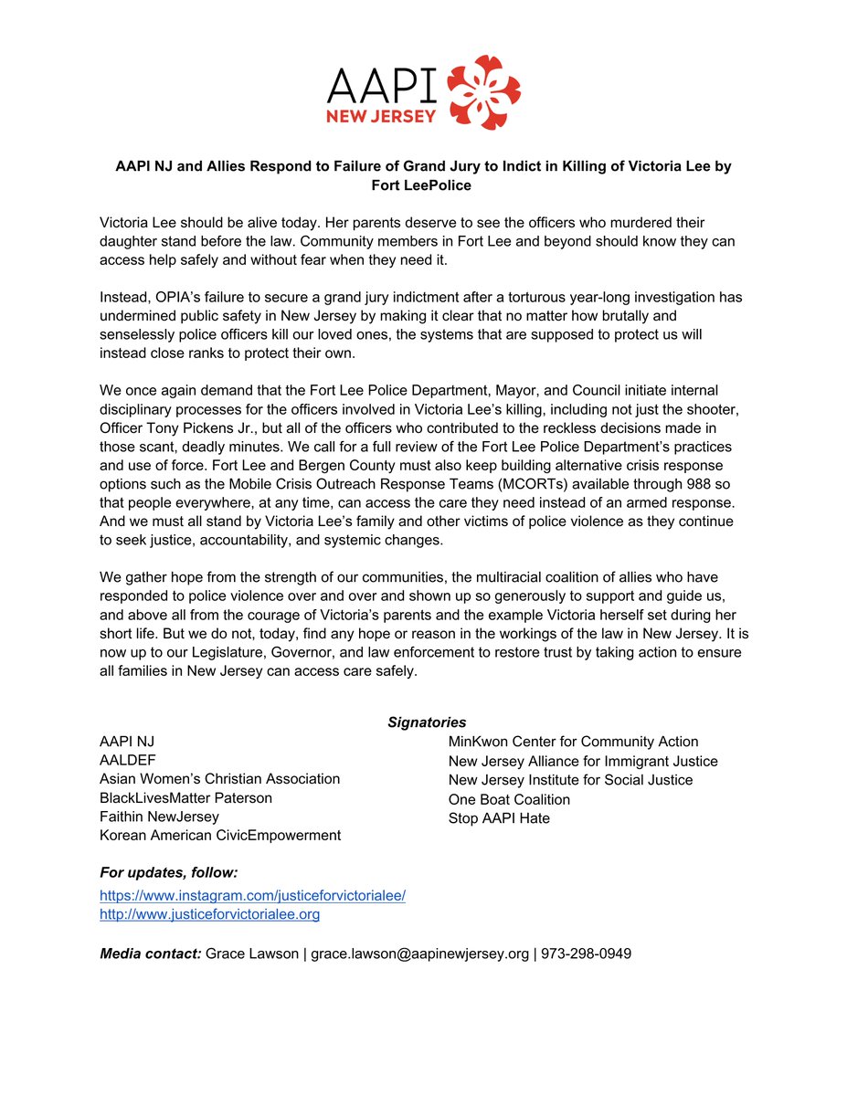 aapinewjersey's tweet image. Victoria Lee should be alive today. Read our statement with allies on the failure to secure a grand jury indictment after a year-long investigation, and the dire need for our state to take action on police accountability and alternative crisis response: tinyurl.com/JFV0715