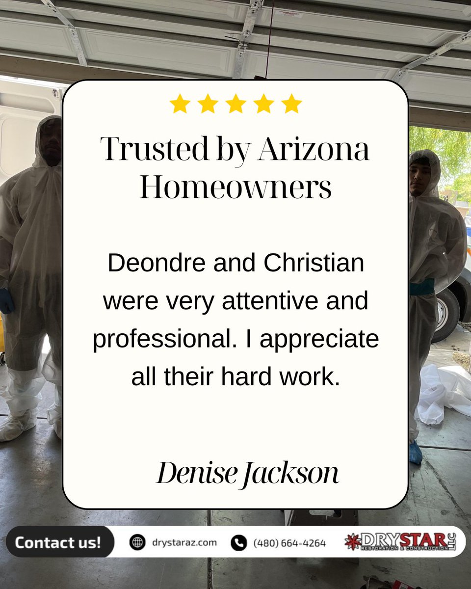 Another 5-star experience!
Deondre and Christian delivered professional, attentive service—and Denise noticed. At Dry Star, we’re proud to earn trust, one homeowner at a time.

#DryStarRestoration #CustomerTestimonial #AZRestoration #5StarService #TrustedByHomeowners
