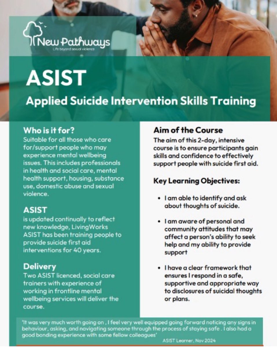 There are just a few spots left on our ASIST course in August! 

Visit bit.ly/NewPathwaysTra… to book on now or learn more about the course!