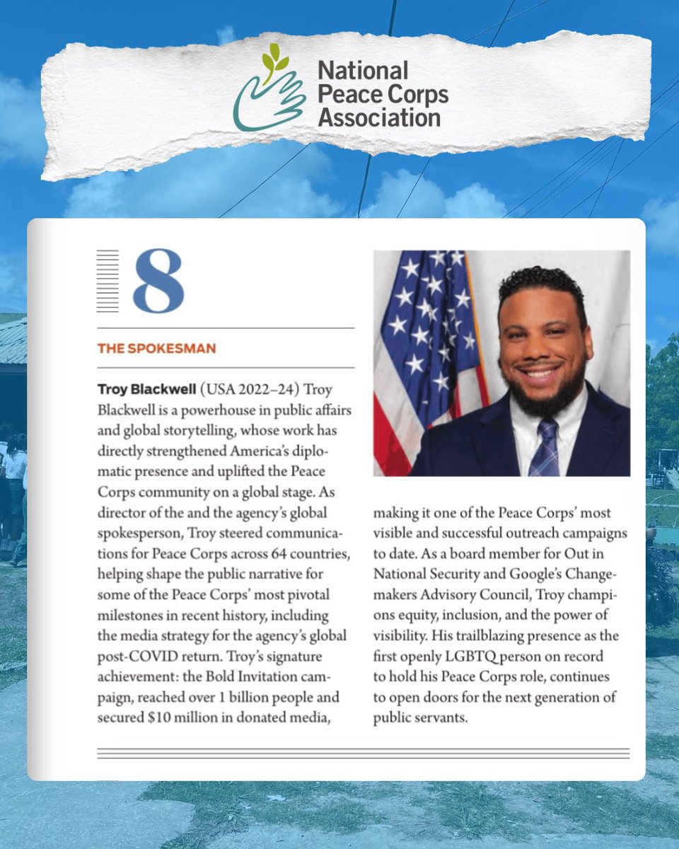 TroyBlackwelljr's tweet image. Grateful to be named a 40 Under 40 honoree by the National Peace Corps Association and WorldView Magazine.
At the U.S. Peace Corps, I had the pleasure to represent 64 countries, led a global campaign that reached over 1 billion people, negotiated international MOUs, and made…