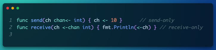 zero_one_dev's tweet image. 3. Directional Channel 
Used to restrict channel direction (helpful in function parameters and interfaces). #GoLang #LearnGoWithMe #GoLangJourney #LearnInPublic