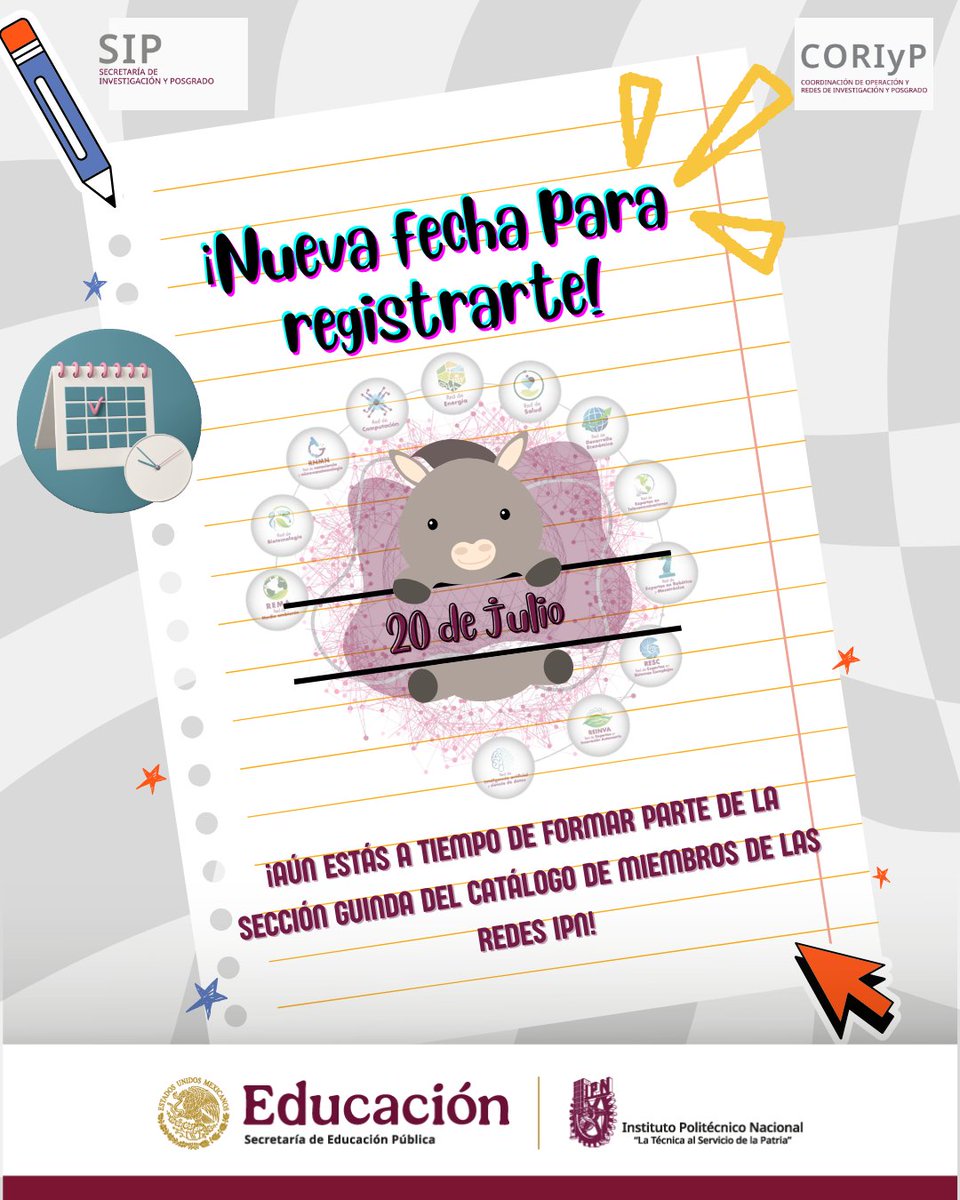 📣 ¡Se amplió la fecha!
¿Ya llenaste el formulario de la Sección Guinda del Catálogo de Investigadores de Redes IPN?

🗓️ Nueva fecha límite: 20 de julio
📝 Regístrate aquí 👉 forms.gle/DDgzUk4hbAKJgo…

#SecciónGuinda #RedesIPN #CORIyP #InvestigaciónIPN #CatálogoIPN