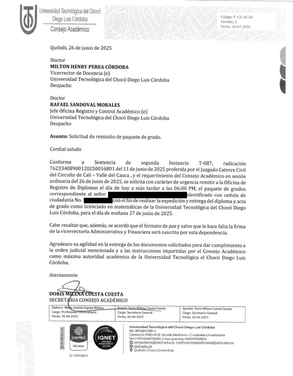 WILLYCARMONAM's tweet photo. La @UTCH  U Tec Chocó retiene títulos sin justa causa y que cumplen requisitos pese a sentencia que protege derecho a la educación y legítima confianza Desacatar la tutela es negar justicia Exigimos entrega 206 de títulos Educación @Mineducacion @fecode
#UTCH 
#DerechosVulnerados https://t.co/rBO6LxfBxe