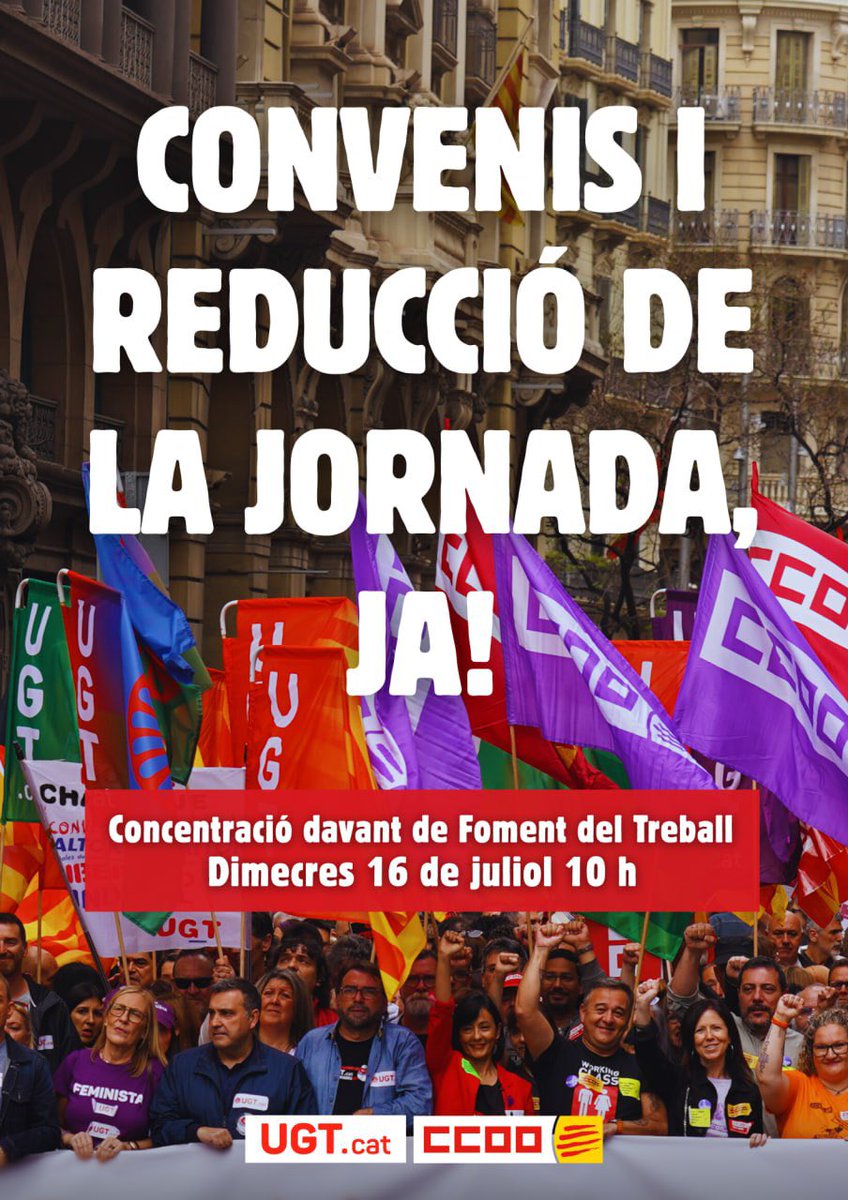 No podem esperar més! El 83% de catalanes i catalans estem a favor de la reducció de la jornada laboral. L’estratègia dilatòria de Junts està afectant milions de persones treballadores. Nosaltres seguirem amb les mobilitzacions! ✊🏼