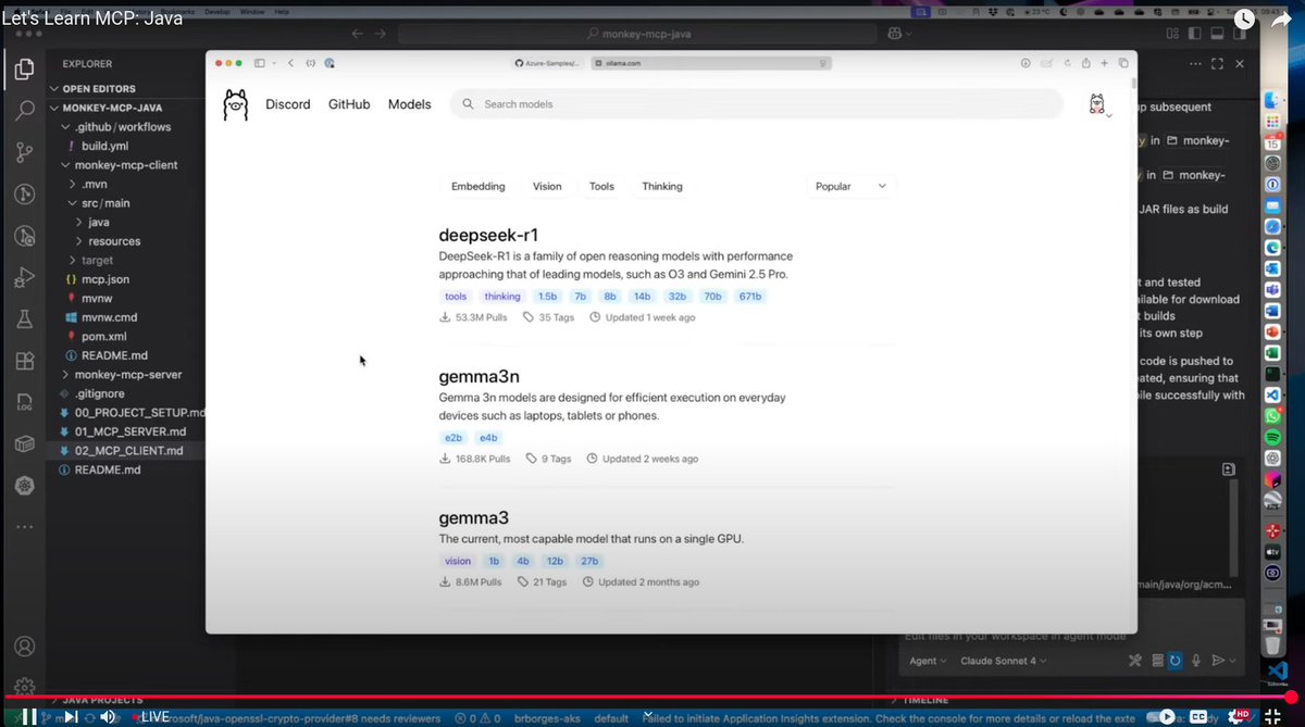 MCP is a must try for me this week. Good things is I have access to ollama models, you should too. ollama.com/search

Wanna try it out before me? Nice docs here: modelcontextprotocol.io/sdk/java/mcp-o…

They use Quarkas x Langchain4j but I am a <a href="/SpringAICentral/">Spring AI</a> fan boy.🚀🚀