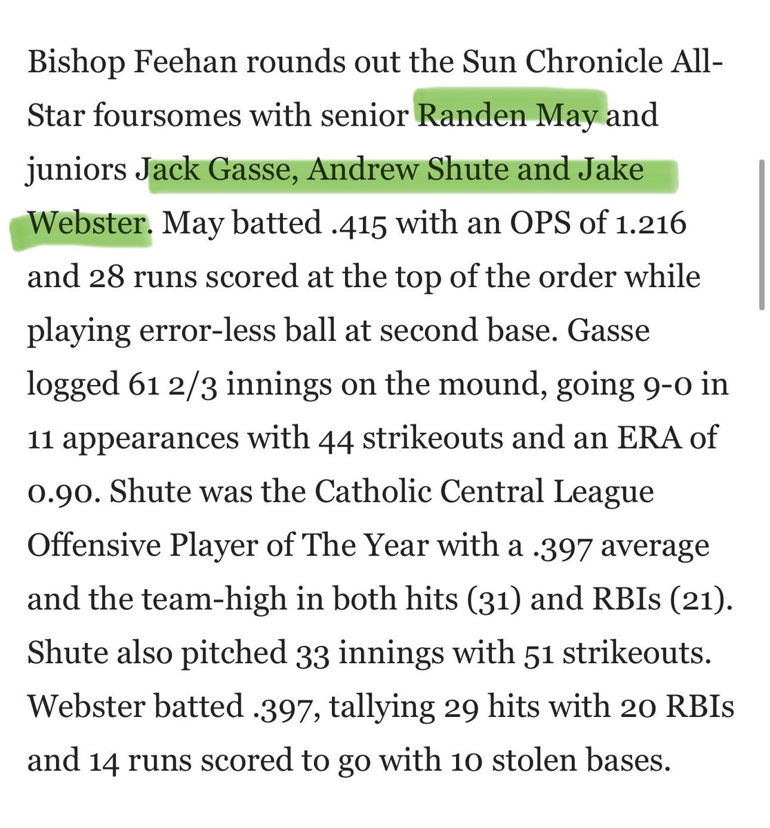 Bishop Feehan HS Baseball βοΈβΎοΈπ (@feehan_baseball) on Twitter photo Congratulations to our <a href="/SunChronSports/">Sun Chronicle Sports</a> All Stars!
Randen May, Sr, <a href="/Randen_May16/">Randen May</a>
Jack Gasse, Jr, <a href="/jack_gasse10/">Jack Gasse</a>
Andrew Shute, Jr, <a href="/Shute13Andrew/">Andrew Shute</a>
Jake Webster, Jr, @jakeweb50 Congratulations to our <a href="/SunChronSports/">Sun Chronicle Sports</a> All Stars!
Randen May, Sr, <a href="/Randen_May16/">Randen May</a>
Jack Gasse, Jr, <a href="/jack_gasse10/">Jack Gasse</a>
Andrew Shute, Jr, <a href="/Shute13Andrew/">Andrew Shute</a>
Jake Webster, Jr, @jakeweb50