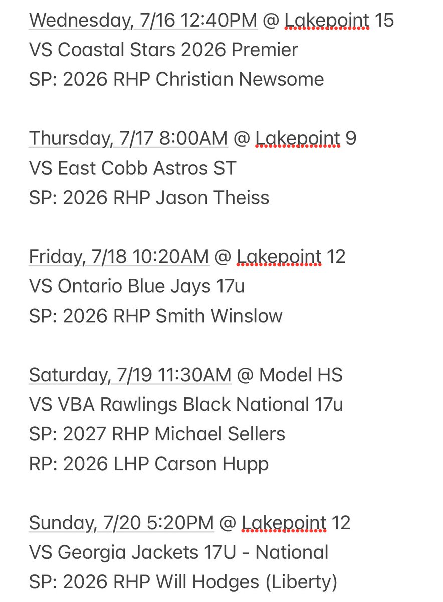 Ironbridge Showcase Baseball (@ibshowcase_bb) on Twitter photo Ironbridge 2026 Kane kicks off the PBR 17U National Championships tomorrow at Lakepoint.
Here is their schedule and pitching rotation for the week.
<a href="/PrepBaseballVA/">Prep Baseball Virginia/DC</a> Ironbridge 2026 Kane kicks off the PBR 17U National Championships tomorrow at Lakepoint.
Here is their schedule and pitching rotation for the week.
<a href="/PrepBaseballVA/">Prep Baseball Virginia/DC</a>