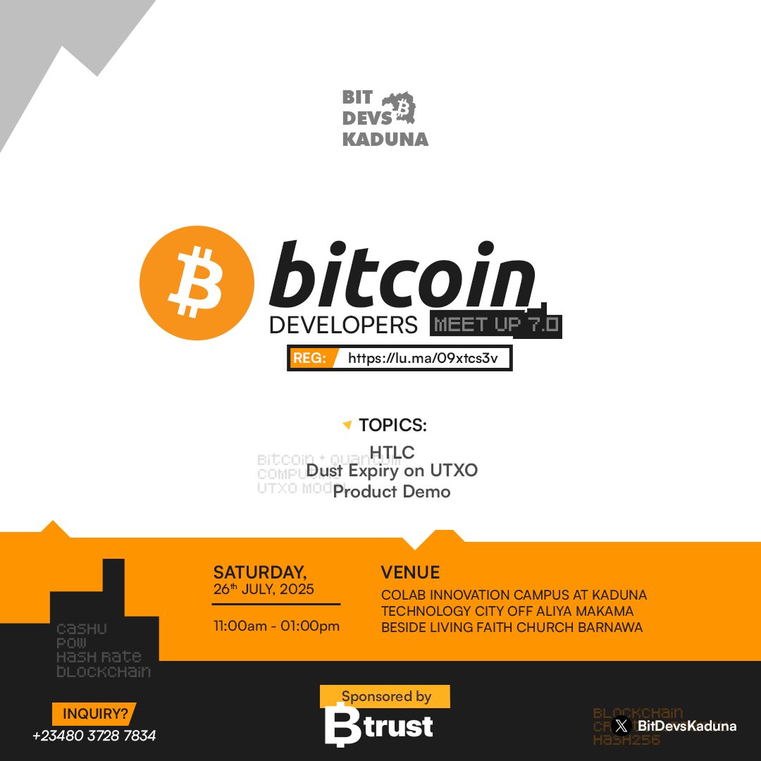 BitDevsKaduna's tweet image. Last month’s Meetup was packed with insight 💡🚀 — and we are back this month on July 26th 
Come through to learn, build, and share with others contributing to Bitcoin and open-source projects.
Register : lu.ma/09xtcs3v 
#bitcoin #opensource
