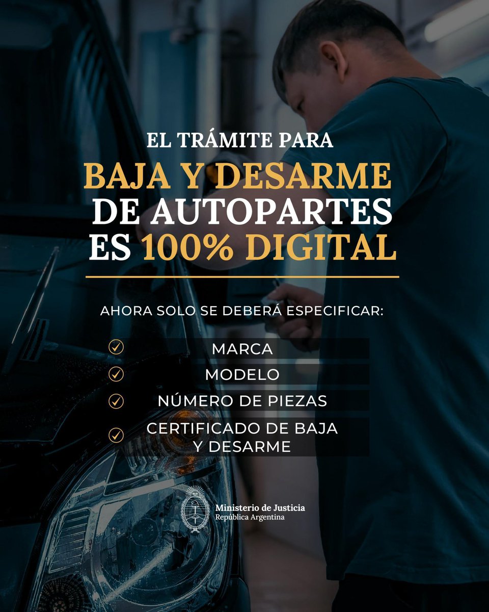 MinJusticia_Ar's tweet image. Modernizamos la normativa para facilitar la venta legal de autopartes usadas.
Reemplazamos los papeles por un trámite más simple, 100% digital, que permite bajar el precio de los repuestos. Las piezas no reciclables deberán destruirse, mejorando el control y la trazabilidad.