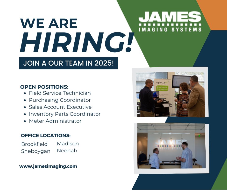 We’re growing at James Imaging Systems and looking to add great people to our team!
Open roles:
-Field Service Technician
-Purchasing Coordinator
-Sales Account Executive
-Inventory Parts Coordinator
-Meter Administrator
Apply today 👉 jamesimaging.com/jobs
#NowHiring