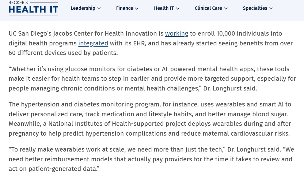 InnovationUCSDH's tweet image. JCHI’s @CALonghurst @UCSDHealth weighs in on HHS Sec. RFK Jr.’s call for nationwide wearable adoption — but says it must come with aligned incentives, strong data protections & clinician support. At JCHI, we’re scaling wearable pilots like P10000 to build that future.
Read more…