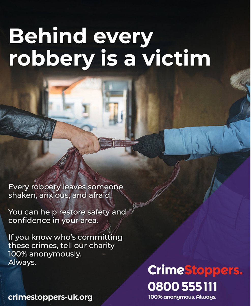 MPSGreenwich's tweet image. Robbery doesn’t just steal belongings—it steals peace of mind.
💬 Know who’s behind it? Report 100% anonymously to @CrimestoppersUK.
📞 0800 555 111
🔗 crimestoppers-uk.org
#StopRobbery #CommunitySafety #CrimestoppersUK