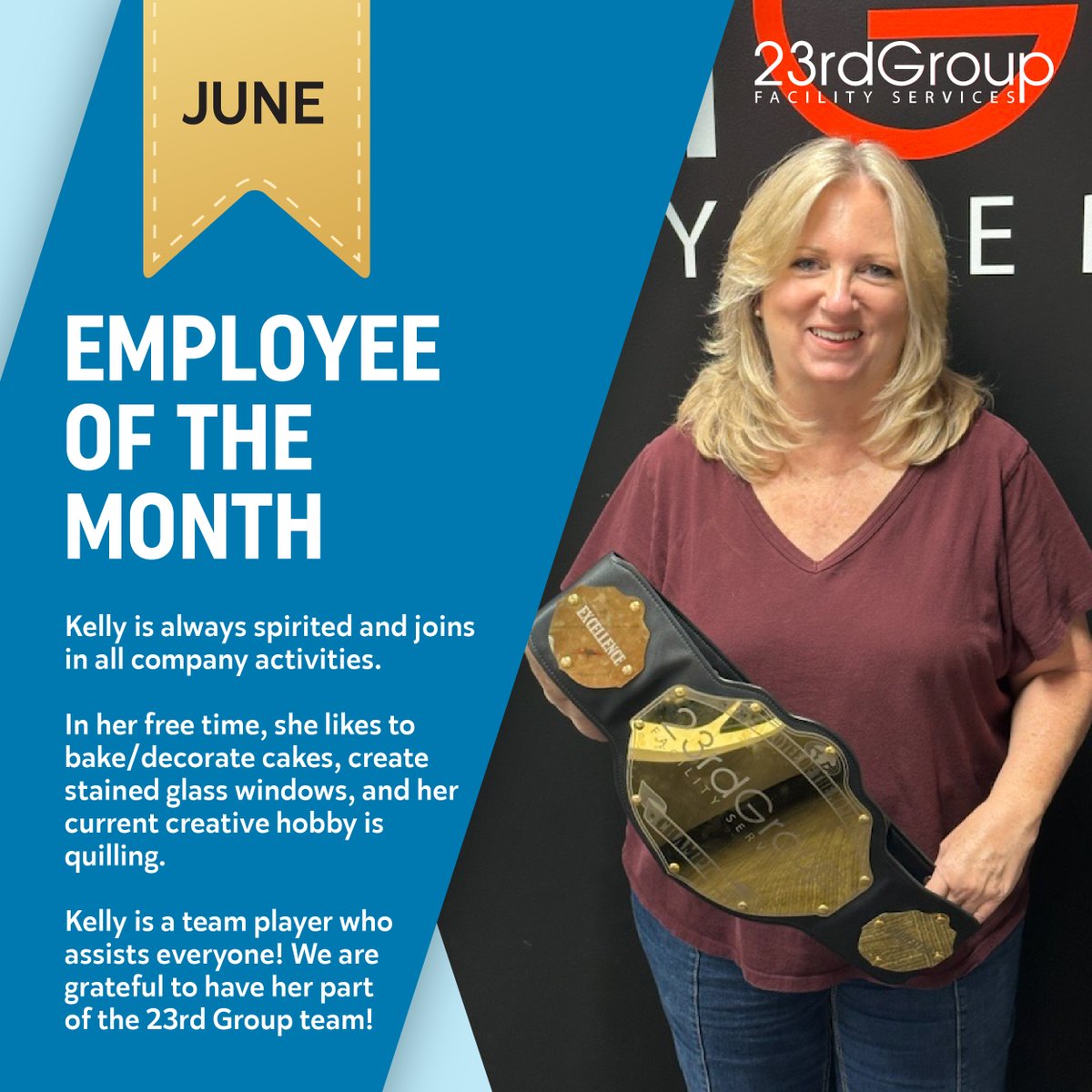 23rdGroup's tweet photo. 23rd Group’s June 2025 Employee of the Month is Kelly! 📷🎉
#employeeofthemonth #facilitymaintenance #teamwork https://t.co/jMt2pU77w1
