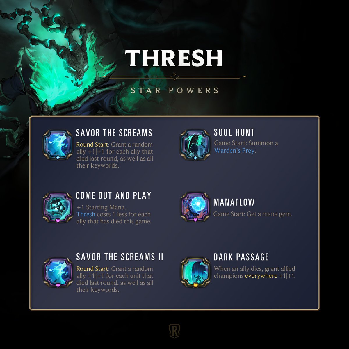 PlayRuneterra's tweet image. There's nowhere to hide. Thresh receives a brand new constellation in Patch 6.7, live on July 16.